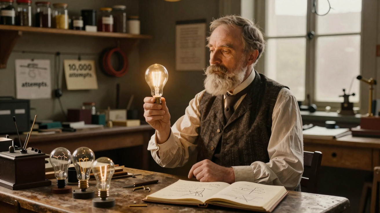 Elderly man with beard examining a glowing light bulb in a vintage workshop filled with books and tools.