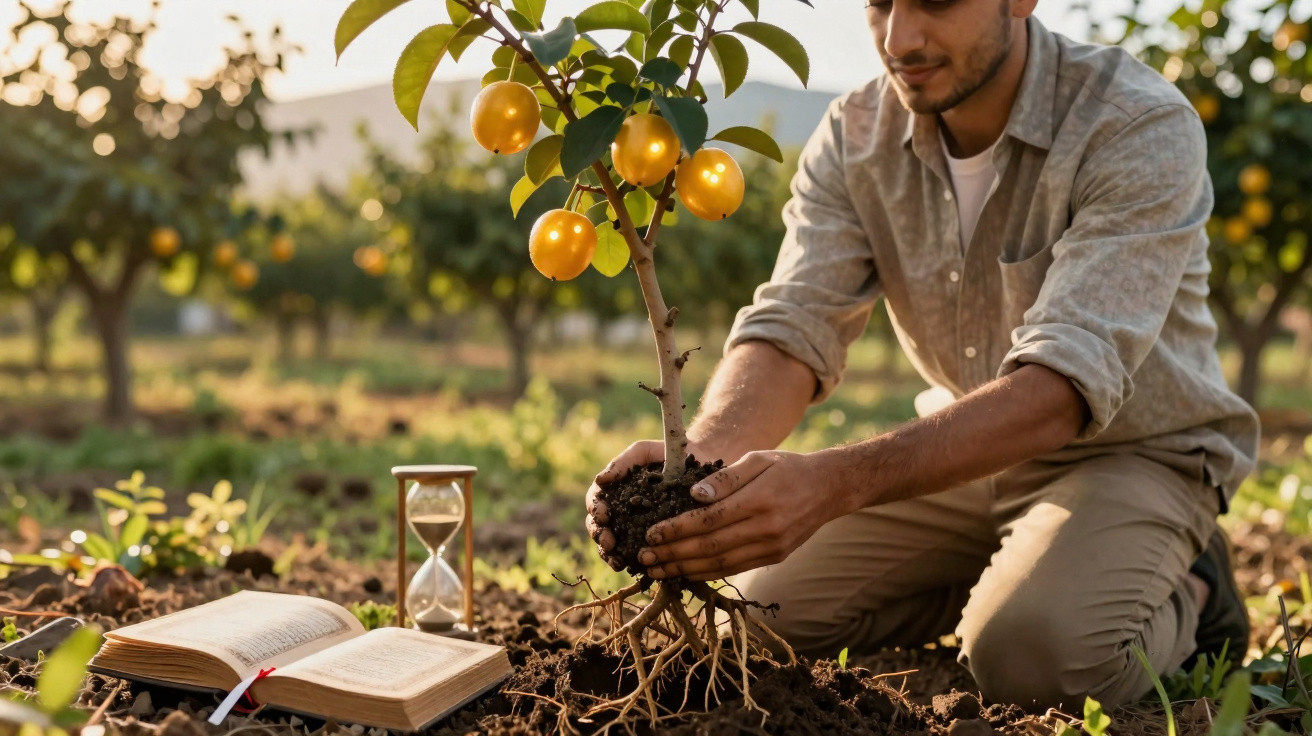 Man planting young orange tree in soil beside open book and hourglass in orchard at golden hour