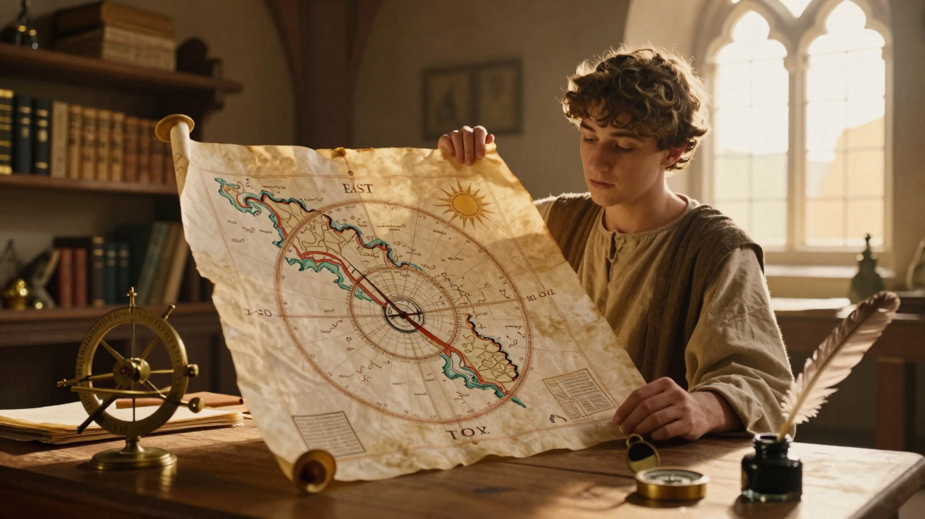 Young man examining an old nautical map in a sunlit room with historical decor and navigation tools.