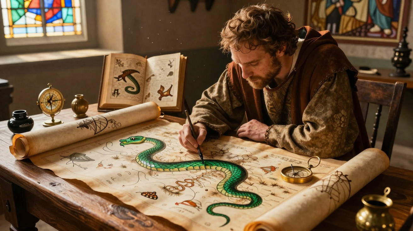 Man in medieval clothing drawing a large green snake on an ancient map at a wooden table.