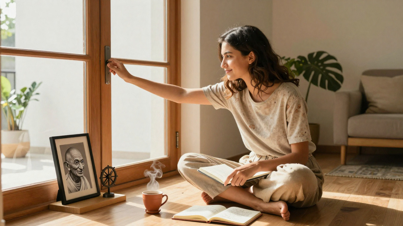 Young woman sitting cross-legged by a sunlit window, opening it with a smile, surrounded by books and a steaming cup.