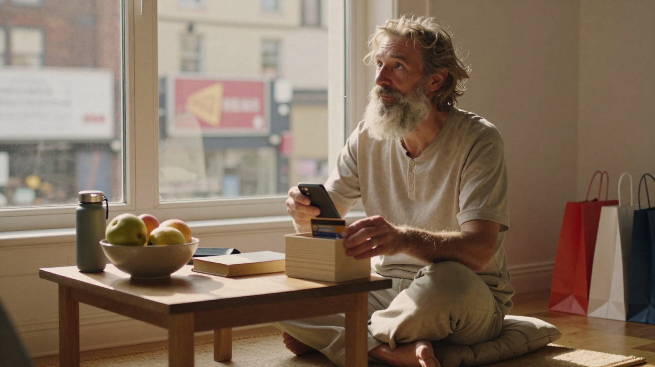 Bearded man sitting on a cushion at a low table by a window, holding a phone and credit card.