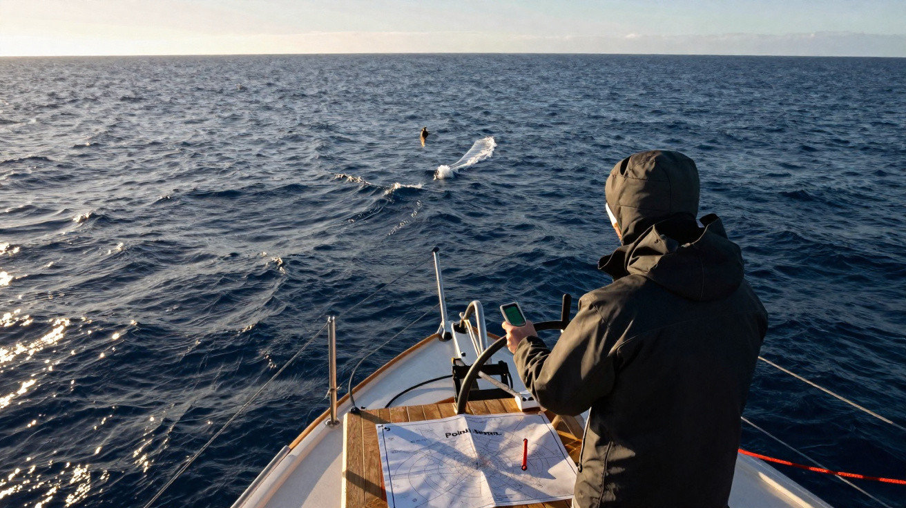 Person in a hooded jacket steering a boat on open sea with fishing lines trailing in the water at sunset.