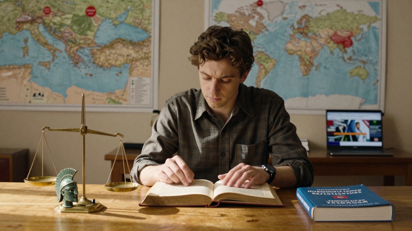 Young man studying an open book at a wooden table with maps, scales, and another book nearby.