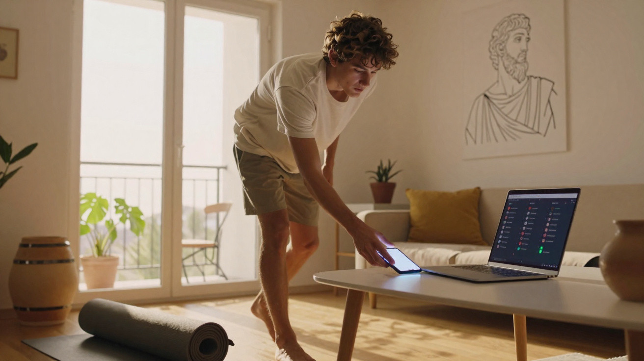 Young man in casual clothes using smartphone and laptop in a sunlit living room with plants and artwork.