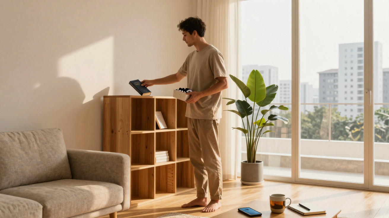 Man organising a wooden shelf in a sunlit living room with a plant and city view through glass doors.