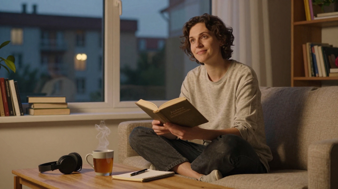 Woman sitting cross-legged on a sofa reading a book, with a steaming cup, notebook, and headphones on the table.
