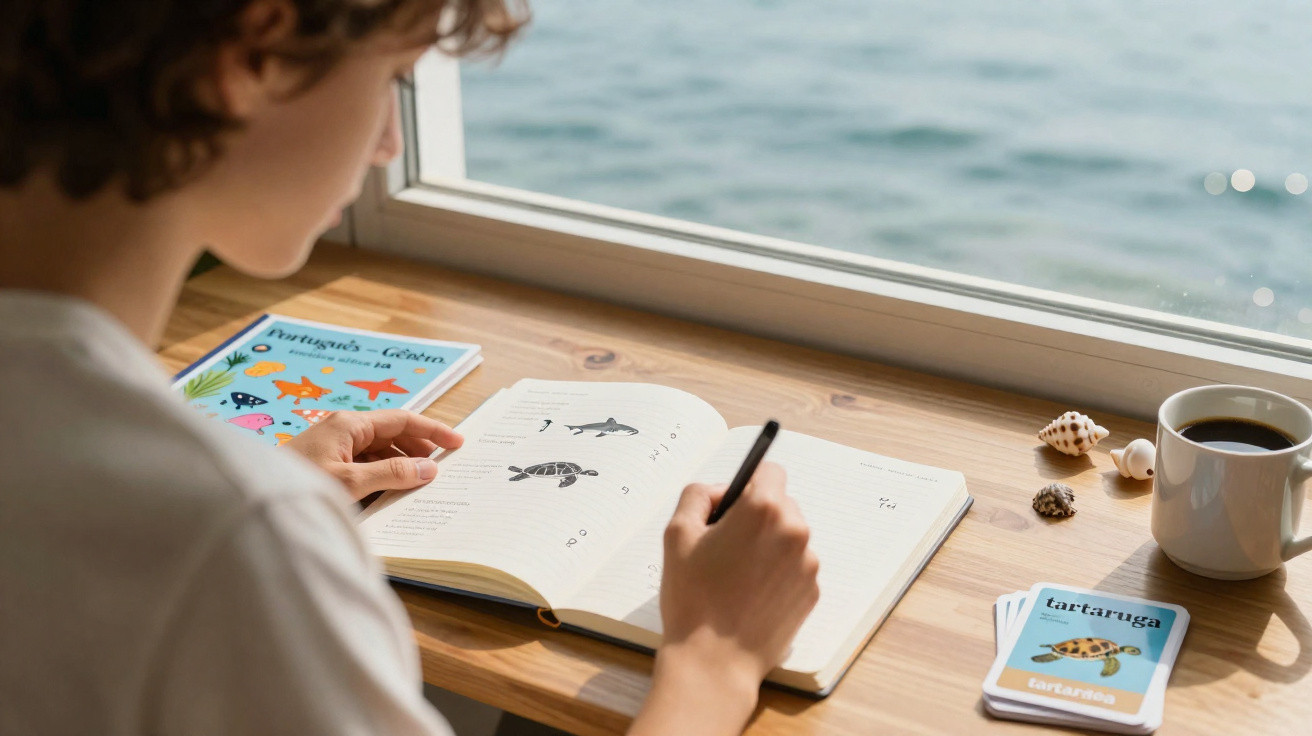 Person drawing sea creatures in a notebook by a window overlooking the ocean with coffee and seashells nearby.