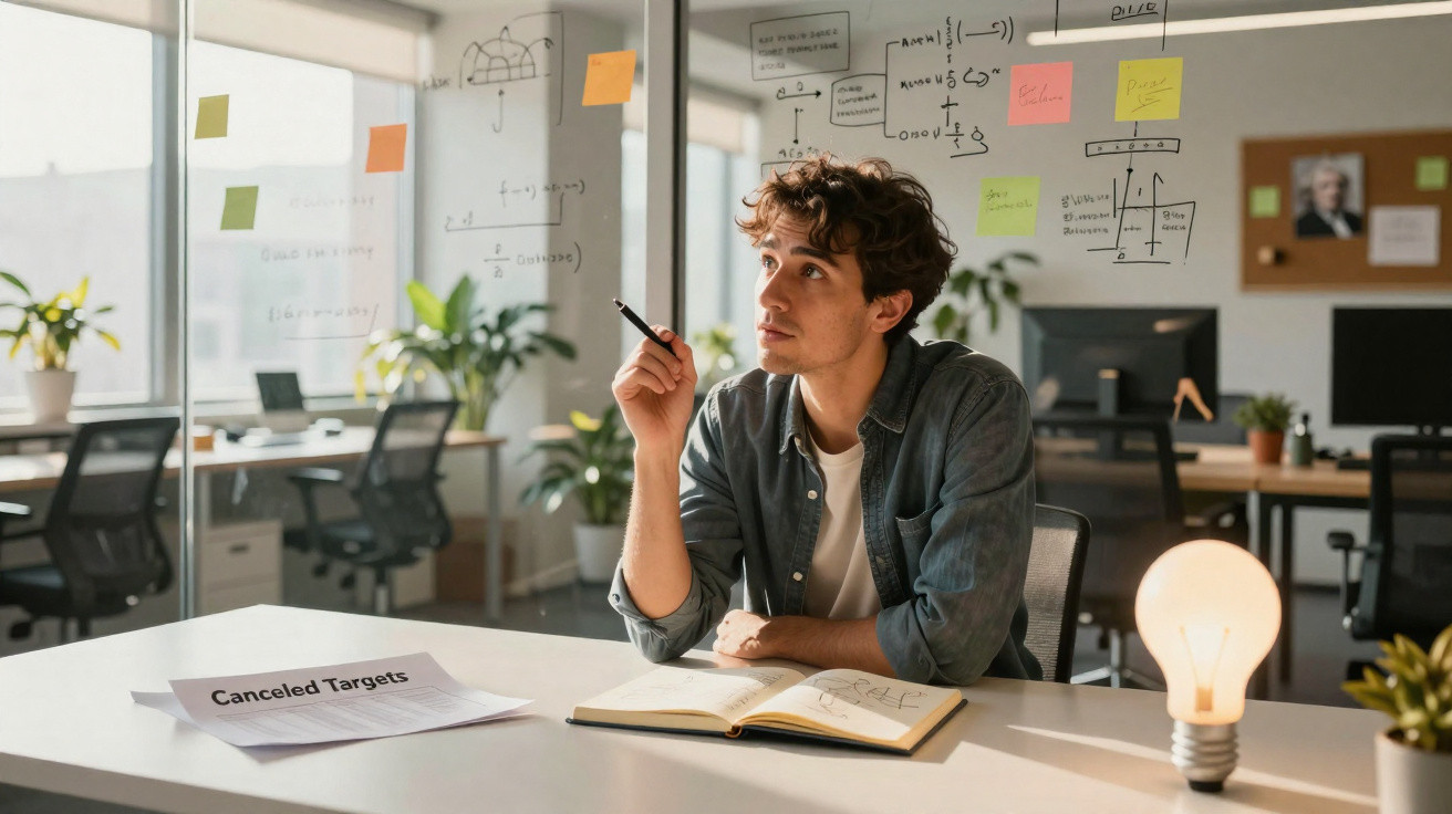 Young man with pen studies notes on glass wall in bright modern office with notebook and paper titled Canceled Targets.