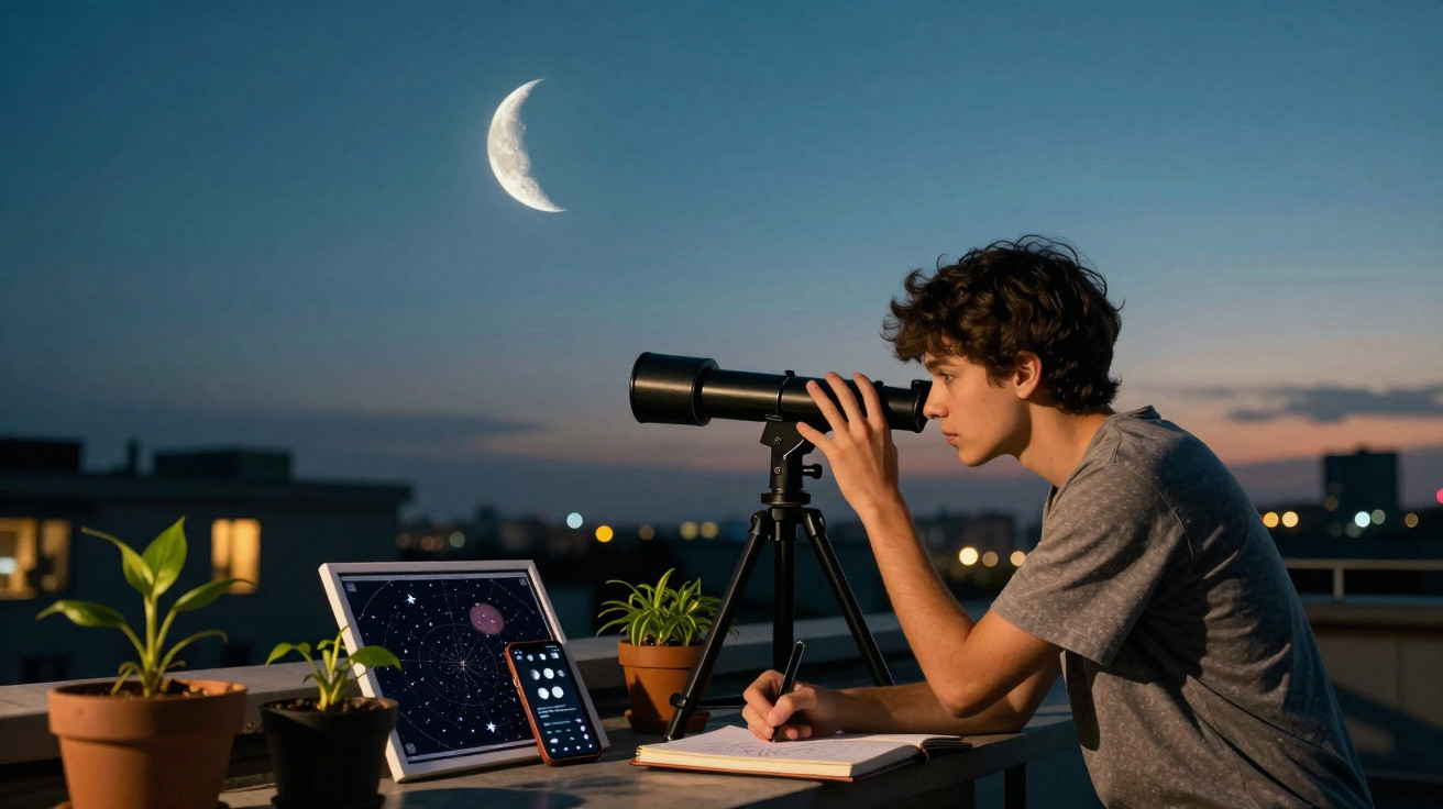 Teenager observing the crescent moon through a telescope on a rooftop at dusk with star charts and notes nearby.