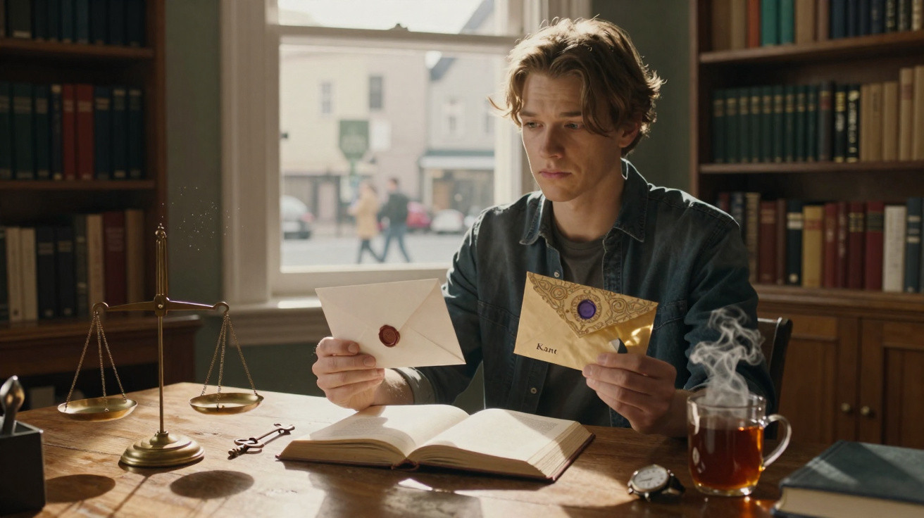 Young man sitting at a wooden desk reading two sealed letters in a library with a steaming cup of tea nearby.