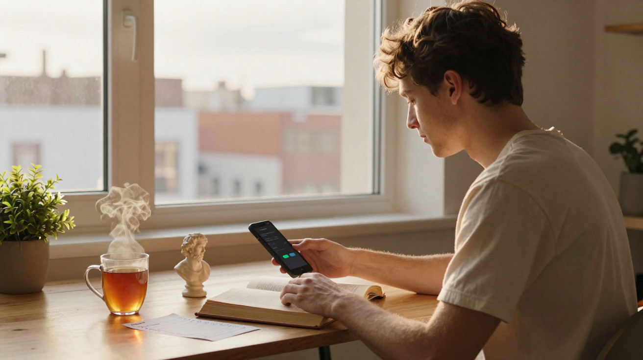 Young man sitting at a desk by a window, reading a book and using a smartphone, with a steaming cup of tea nearby.
