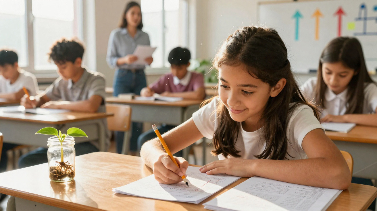 Schoolgirl smiling and writing in a notebook at her desk in a classroom with other students and a teacher.