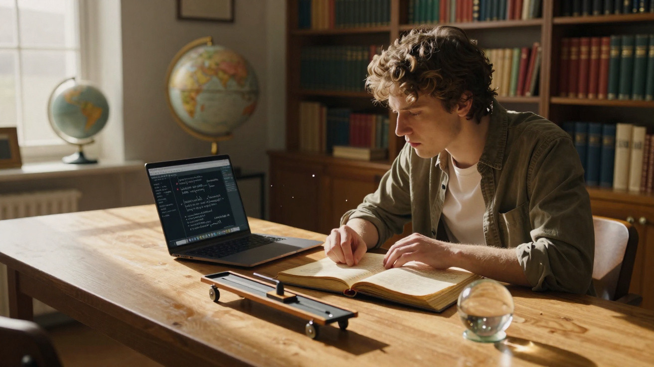 Young man studying with laptop and book in a library with globes and bookshelves in the background.