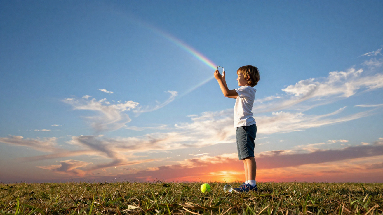 Child standing in a field holding a prism that projects a rainbow under a colourful sunset sky.