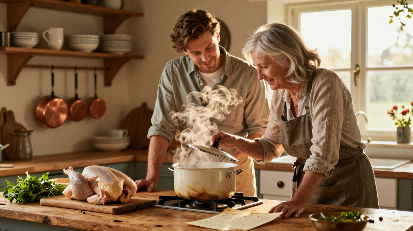 Older woman and younger man cooking together in warm, rustic kitchen with steam rising from pot on stove.
