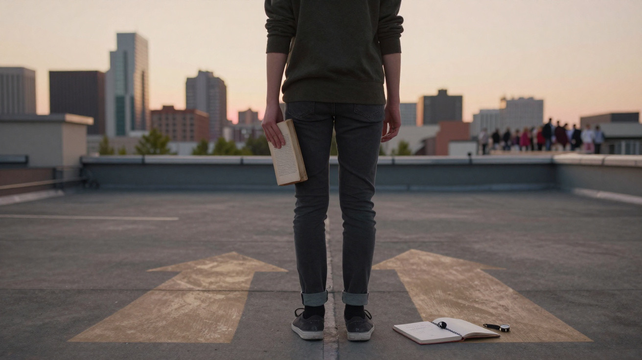 Person standing between two large arrows on a rooftop, holding a book, facing an urban skyline at dusk.