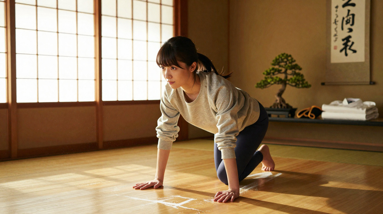 Young woman in sportswear doing yoga on wooden floor in a traditional Japanese room with bonsai and calligraphy scroll.