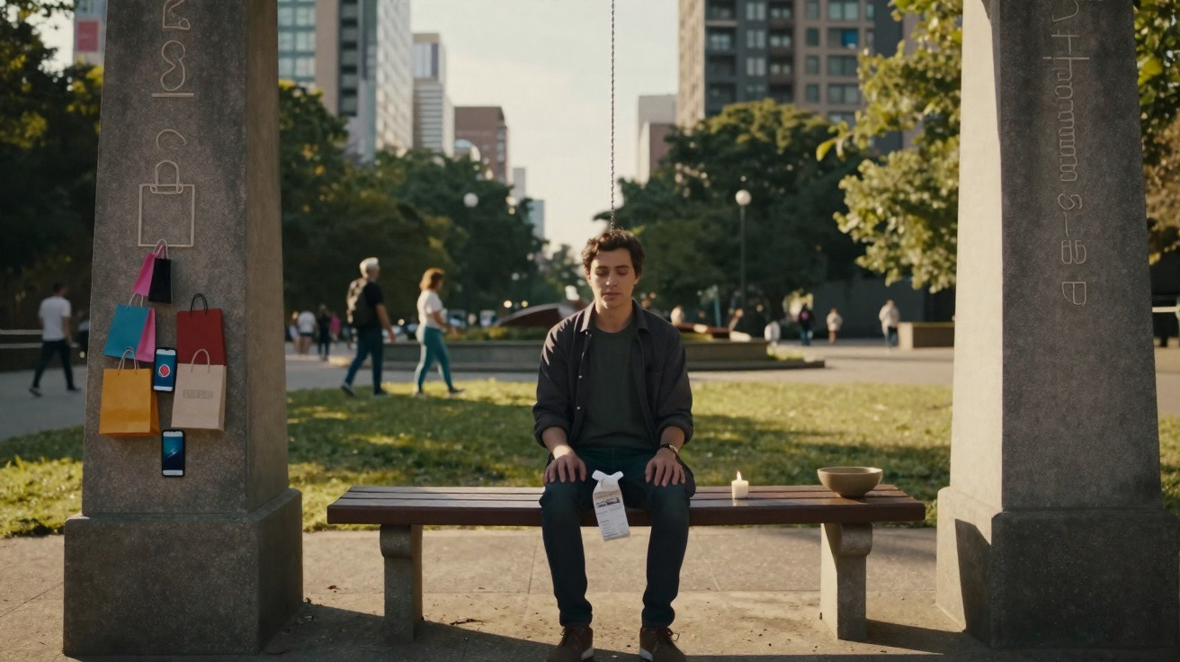 A young man sits on a bench between two pillars with shopping bags hanging on one side in a city park.