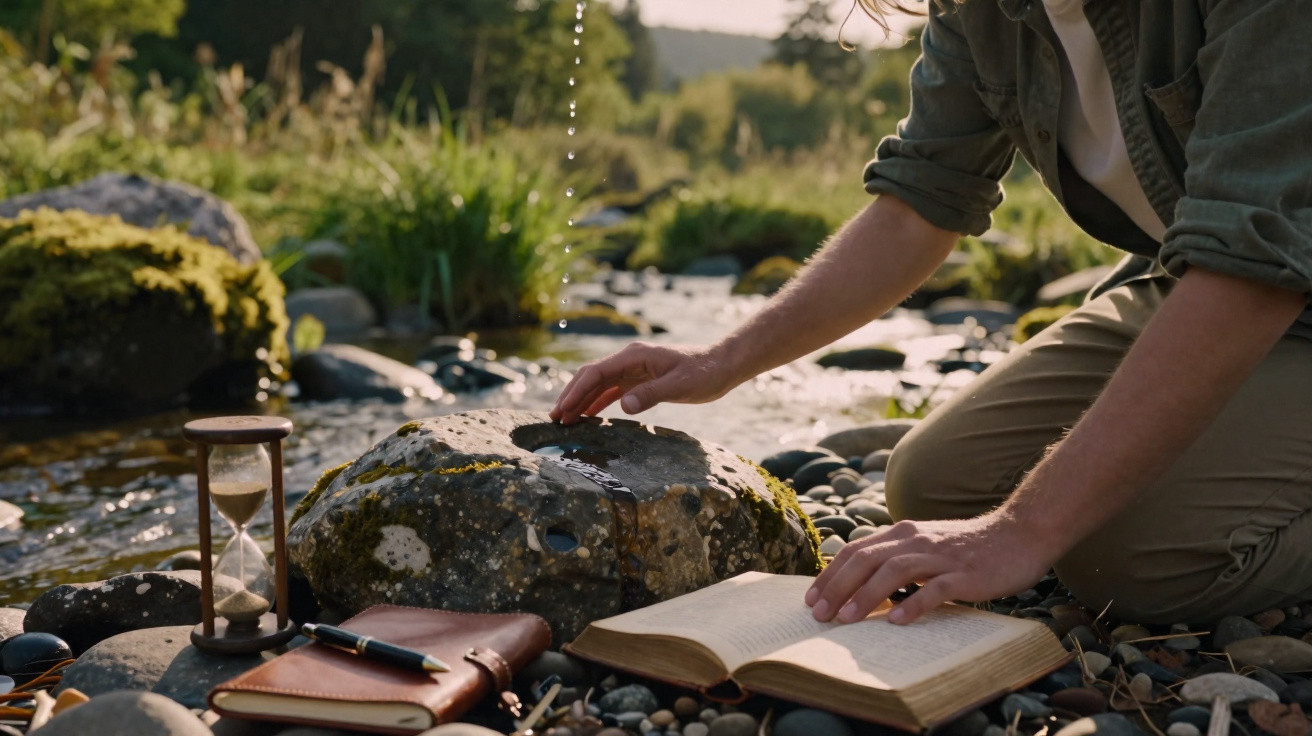Person kneeling by a stream, touching water on a rock, with an open book, notebook, and hourglass nearby.