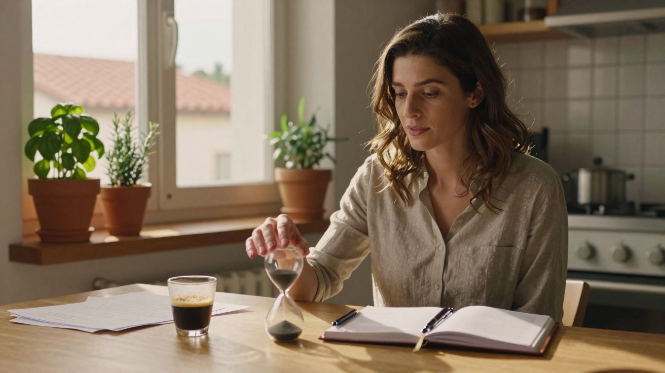 Woman sitting at a kitchen table, turning an hourglass, with a notebook and glass of coffee nearby.