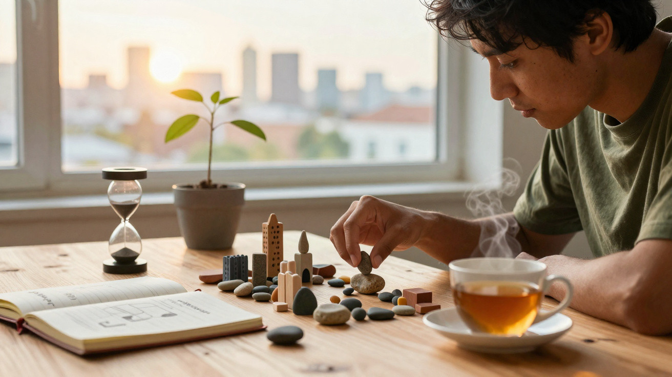 Person arranging stones and small wooden buildings on a table with a steaming cup of tea and an open book nearby.