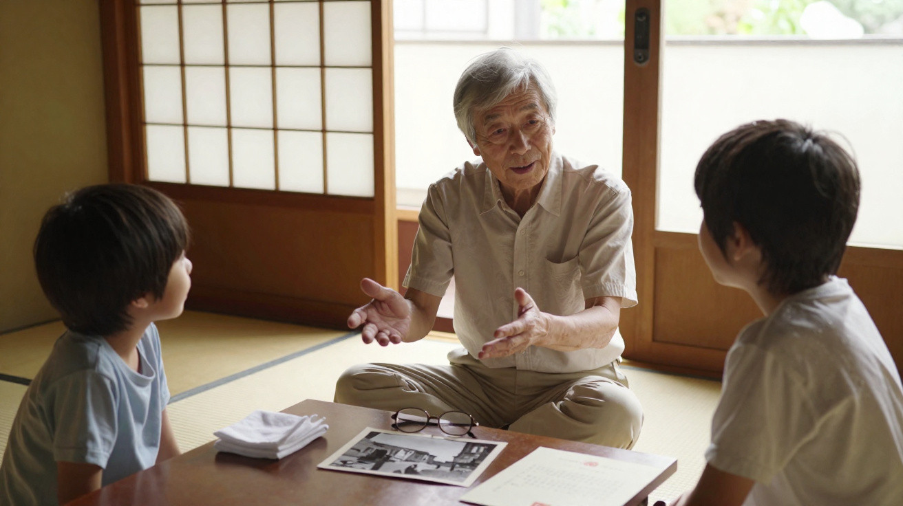 Elderly man sharing stories with two children around a low table in a traditional Japanese room.