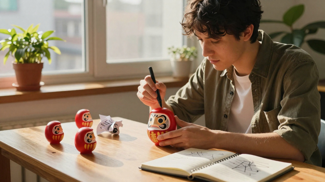 Young man painting eyes on a Daruma doll at a wooden table with an open notebook and plants nearby.