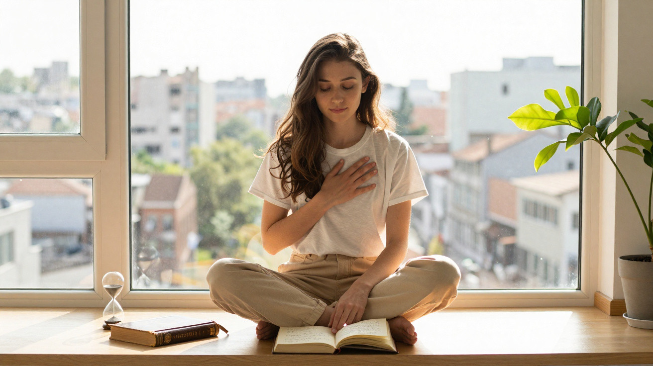 Young woman sitting cross-legged by a window, reading a book and touching her chest with a hand.