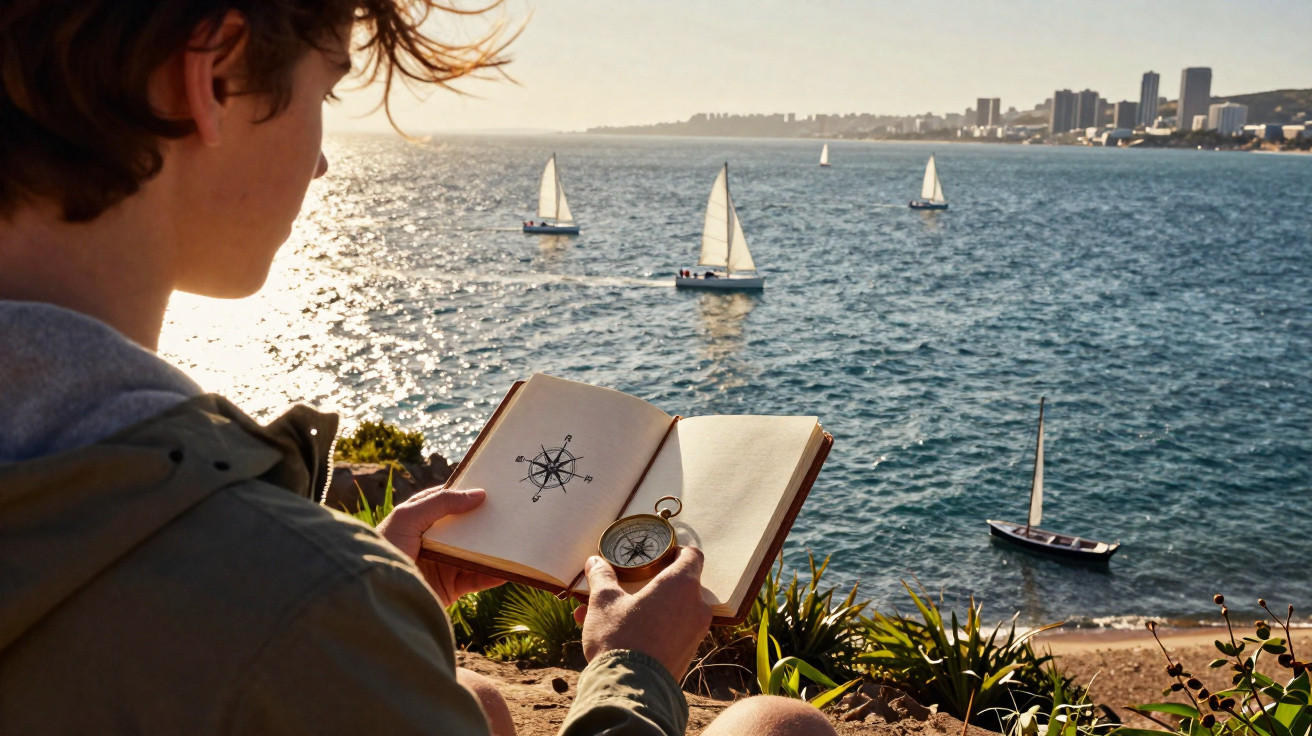 Person holding a compass and open notebook by the sea with sailboats and city skyline in the background.
