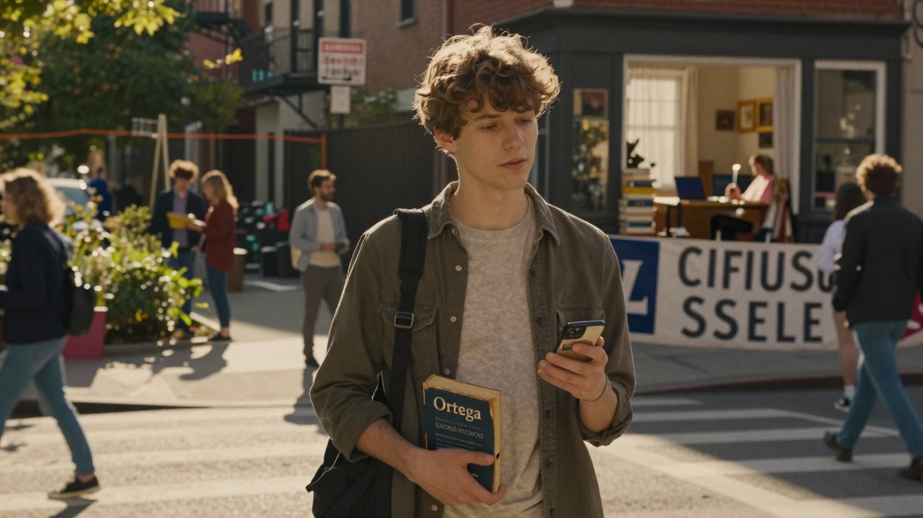 Young man holding a book and smartphone walking on a busy city street with people and shops in background.