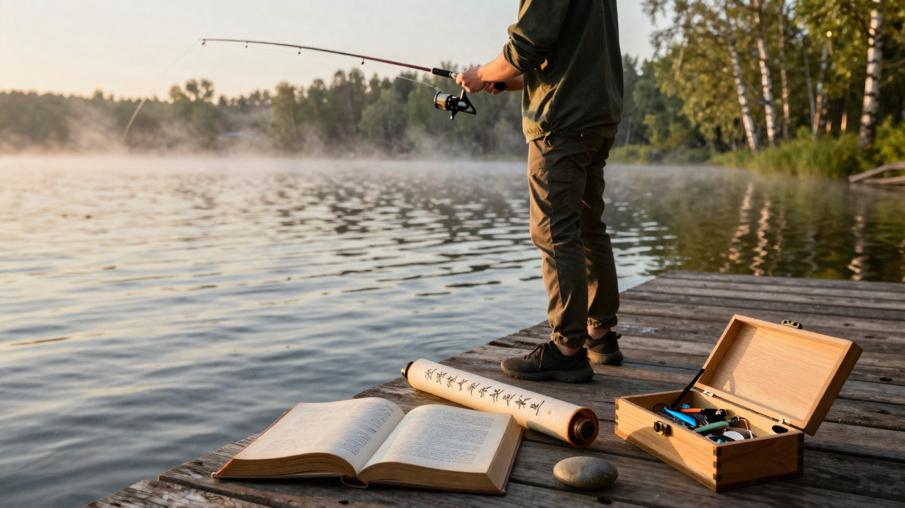 Person fishing on a wooden dock beside an open book, scroll, and wooden box with fishing gear at sunrise.