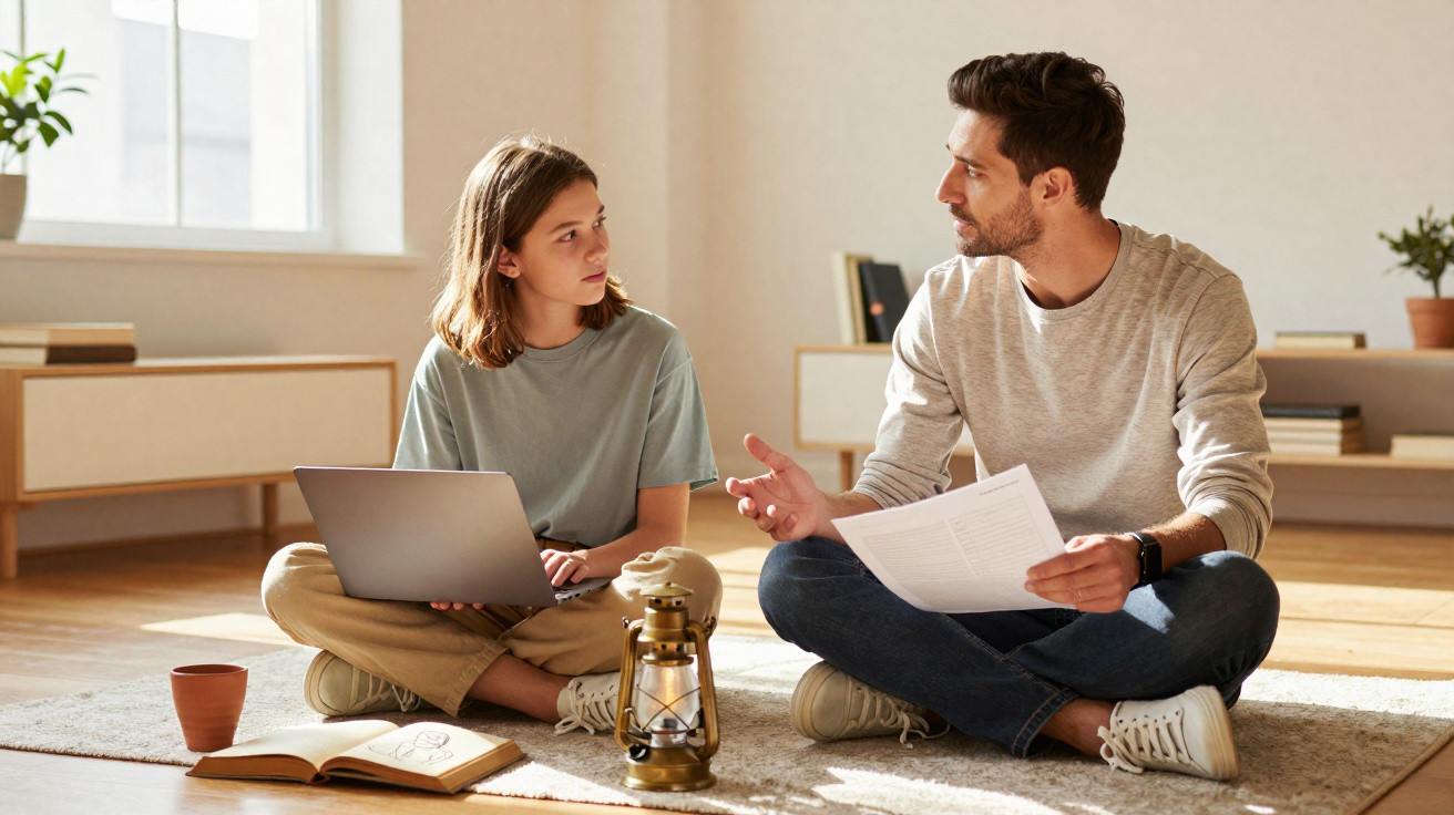 Man and teenage girl sitting on floor, discussing papers and using laptop in a sunlit room.