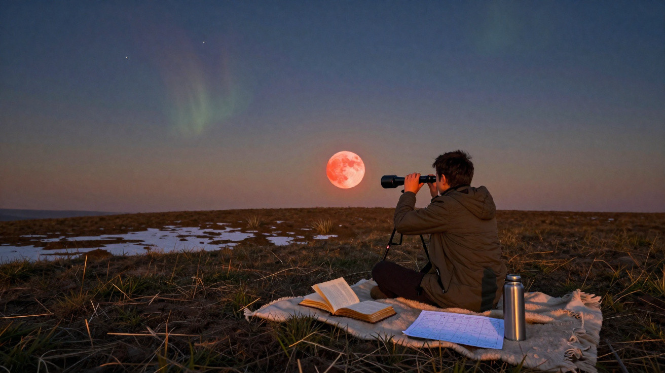 Person sitting on blanket in field at dusk, using binoculars to observe a large red moon with open books nearby