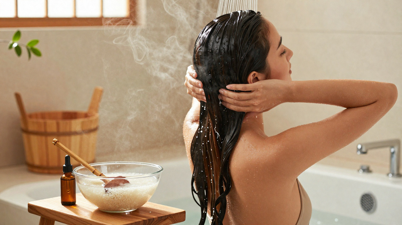 Woman washing long dark hair under running shower in a bathroom with wooden bucket and bowl nearby