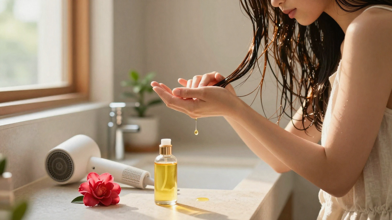 Woman applying hair oil next to a flower and hairdryer on a bathroom counter by a window.
