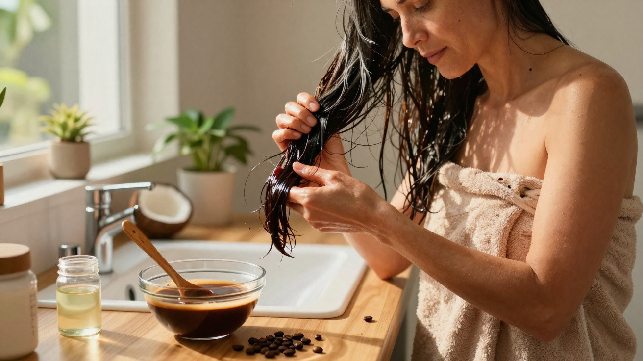 Woman in towel applying hair treatment with a wooden spoon from a bowl of dark liquid on a kitchen counter.