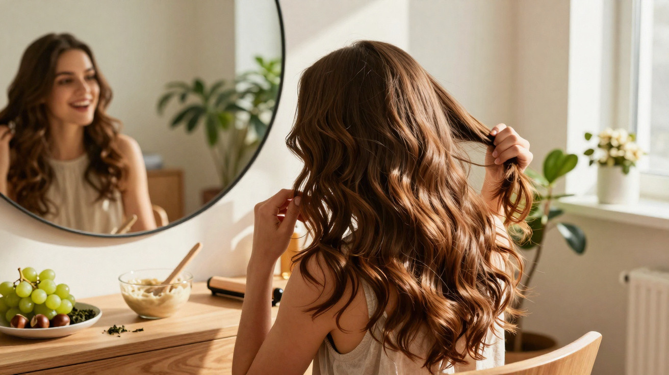 Young woman with long wavy hair sitting at a wooden vanity, smiling at her reflection in a round mirror.