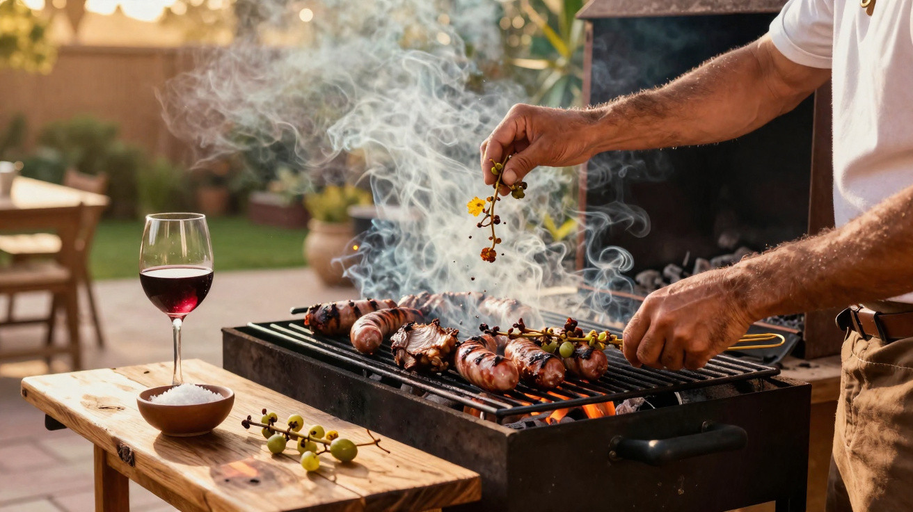 Hands seasoning sausages cooking on a charcoal grill with smoke rising, a glass of red wine on a wooden table nearby.