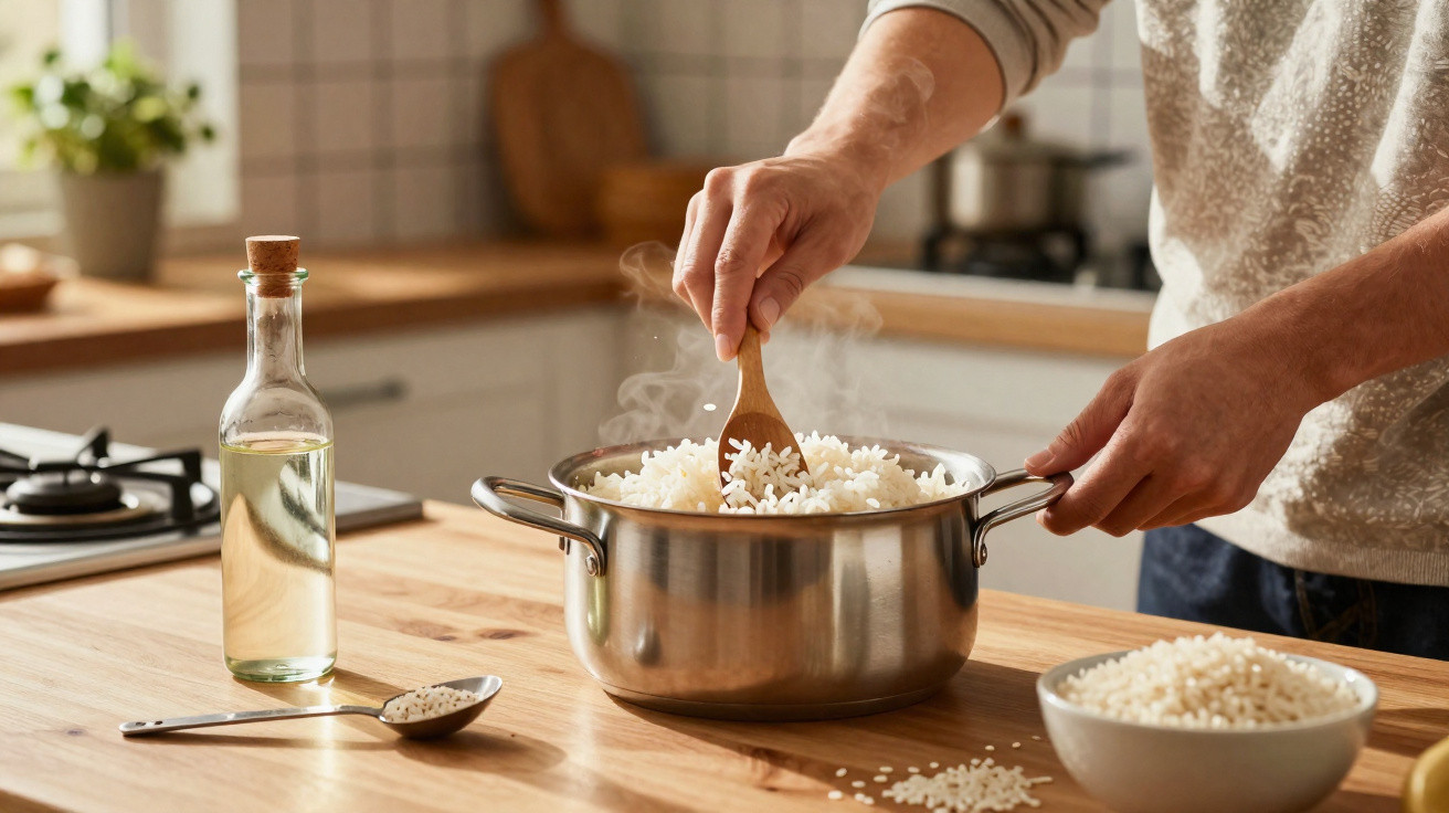 Person stirring steaming cooked rice in a pot on a wooden kitchen countertop with a bottle and bowl nearby