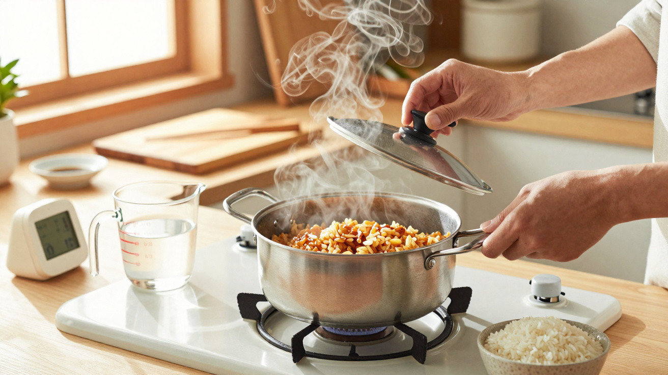 Person lifting lid off steaming pot of cooked rice on a gas stove in a bright kitchen.