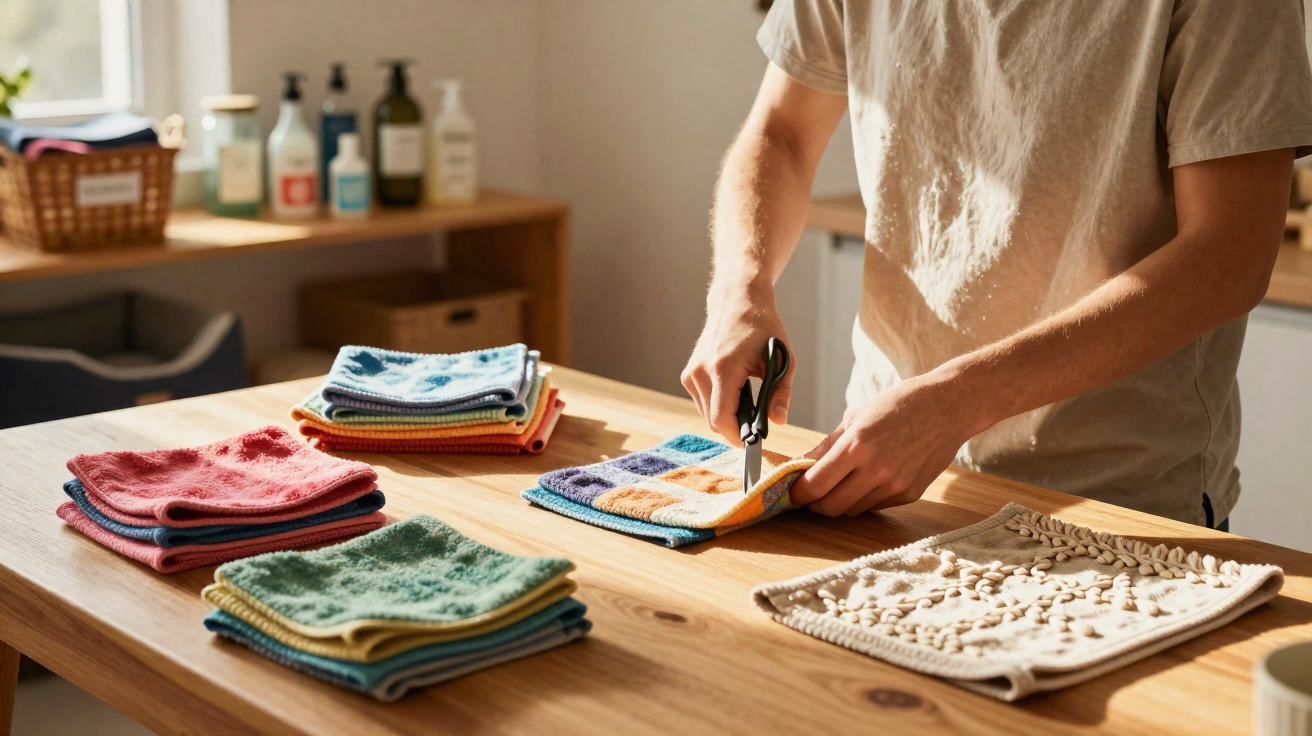Person cutting a small patterned cloth on a wooden table with neatly folded towels nearby.