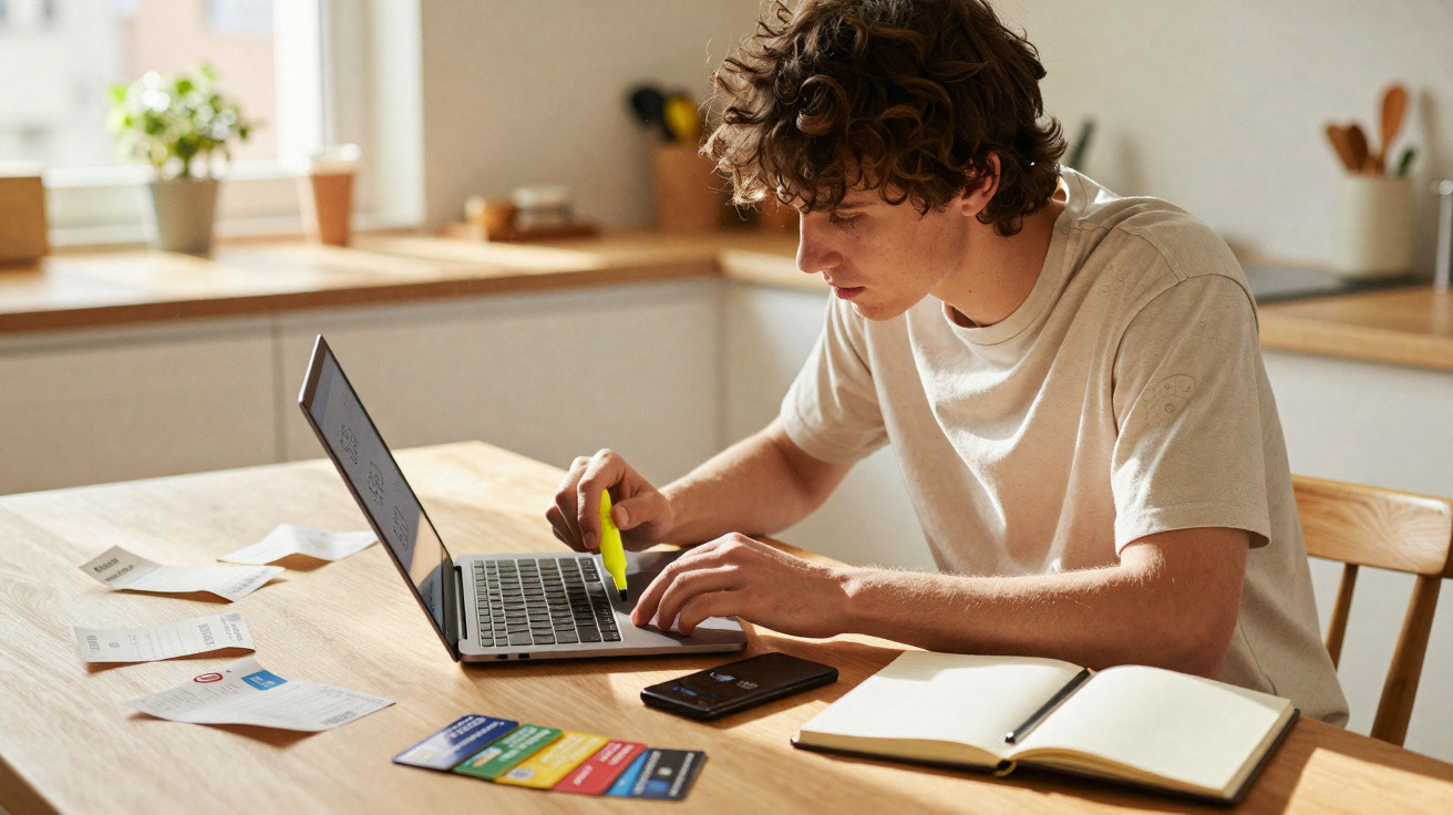 Young man highlighting notes on a laptop at a wooden table with cards, receipts, phone, and notebook.