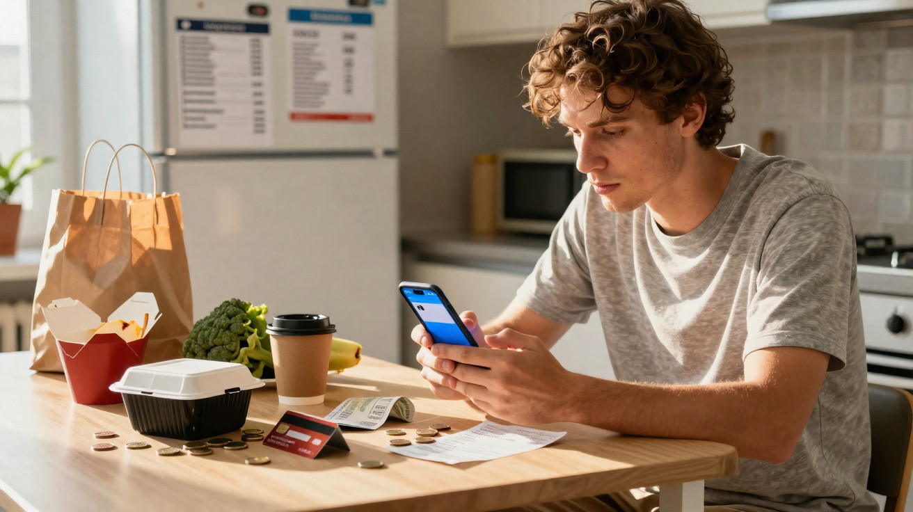 Young man using smartphone at kitchen table with takeout food, groceries, coins, receipt, and credit card.