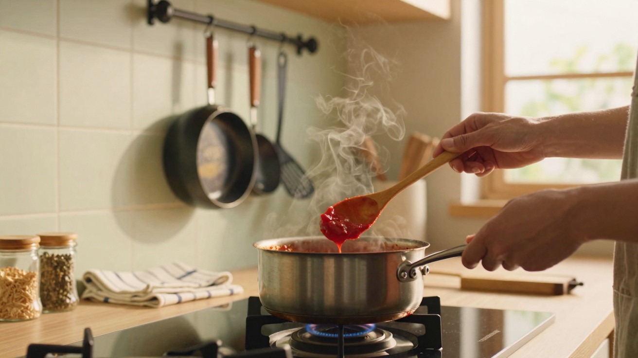 Hands stirring steaming red sauce in a saucepan on a gas stove in a modern kitchen.
