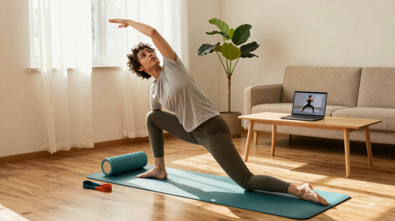 Person doing a side stretch yoga pose on a mat in a bright living room with a laptop and props nearby.
