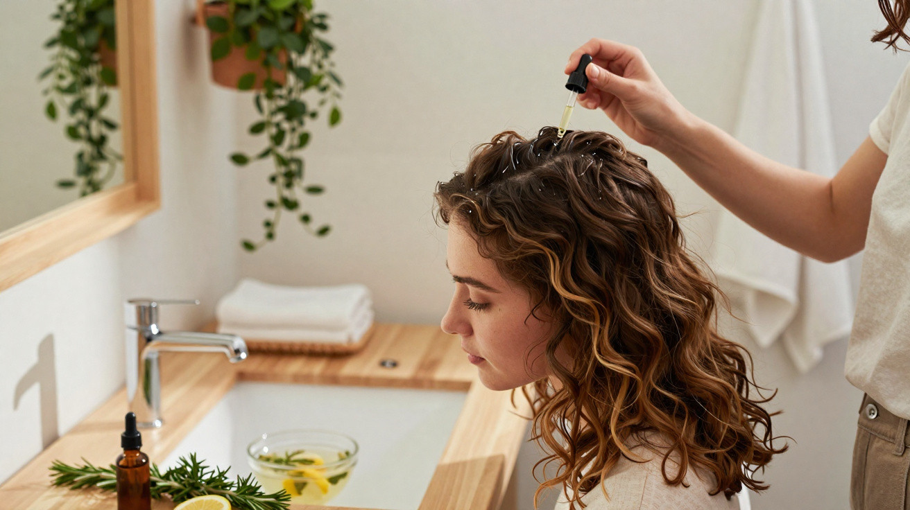 Person applying hair oil using a dropper onto another person's wavy hair in a bathroom setting.