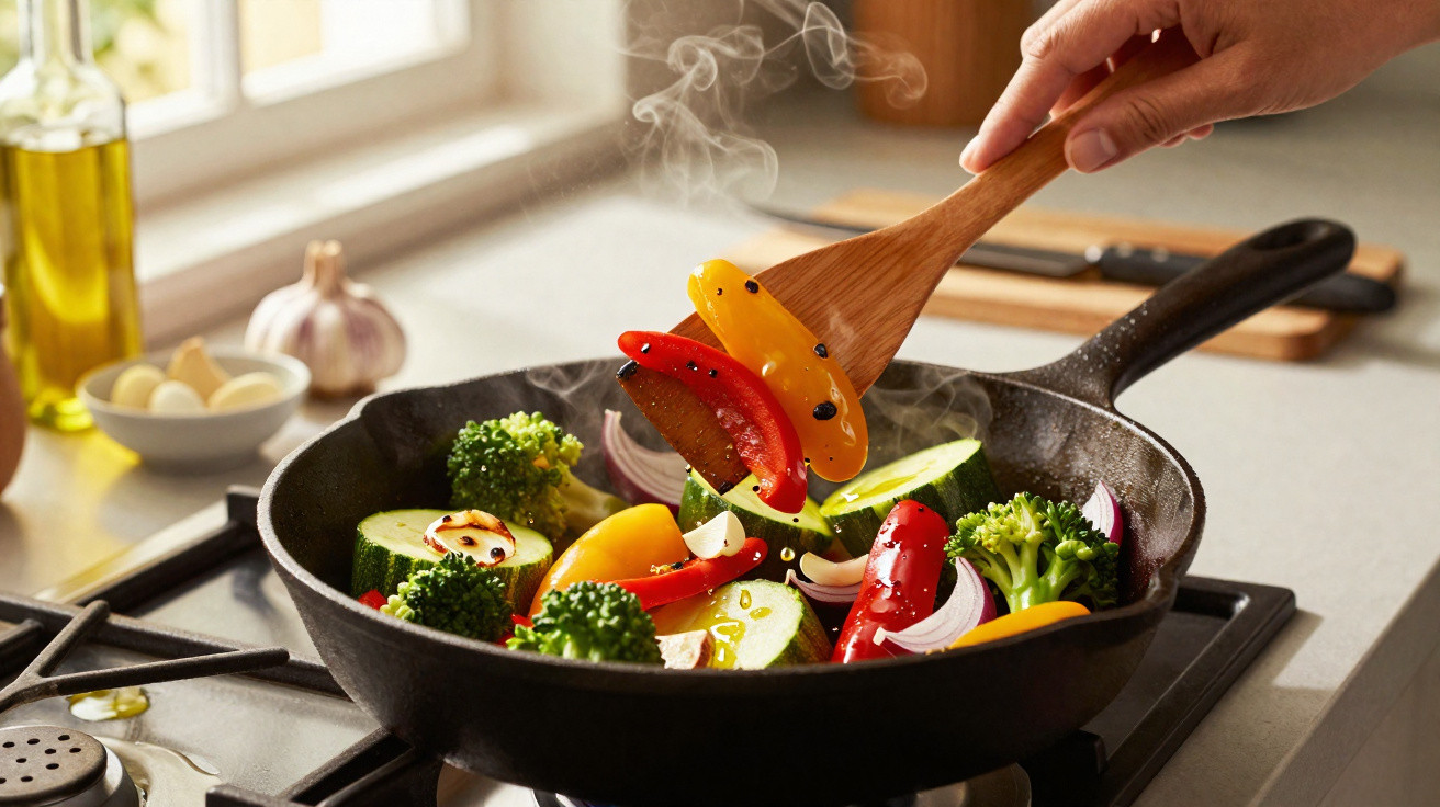 Hand stirring colourful steamed vegetables including broccoli, red and yellow peppers, and zucchini in a black pan.