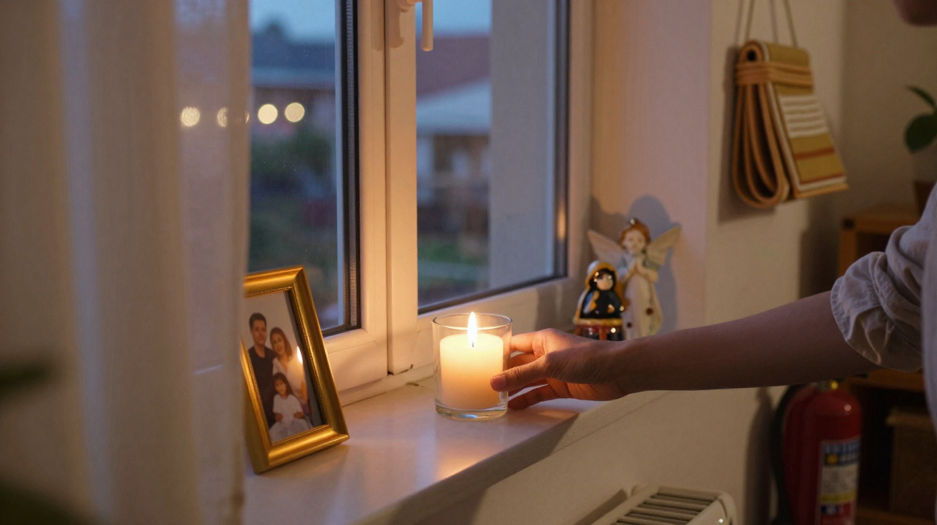 Hand placing a lit candle on a windowsill beside a family photo and angel figurines at dusk.