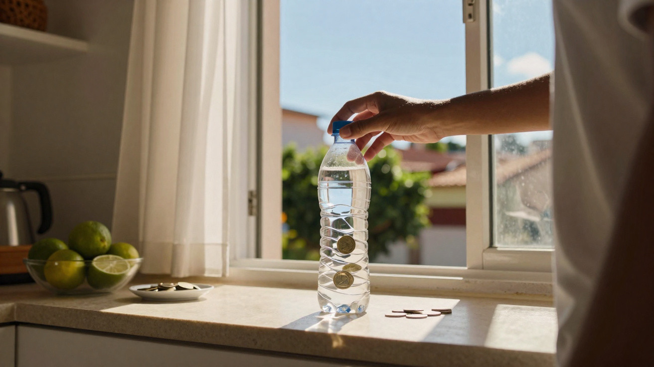 Hand placing coins into a clear plastic bottle filled with water on a sunlit kitchen windowsill.